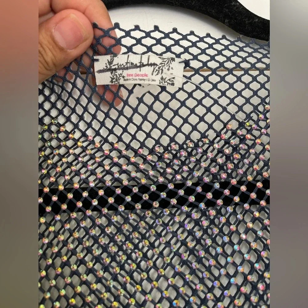 NEW Free People Filter Finish Long Sleeve Netted Rhinestone Top Navy Small